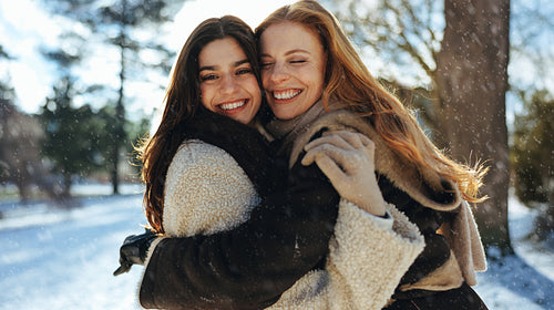 Women hug in snow during a joyful winter day outdoors