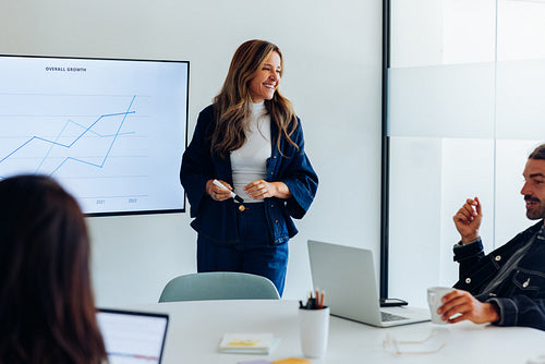 Woman presents chart during a team meeting