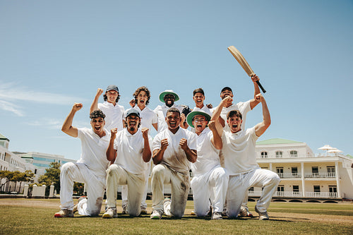 Cricket team celebrating victory together on the field under sunny skies