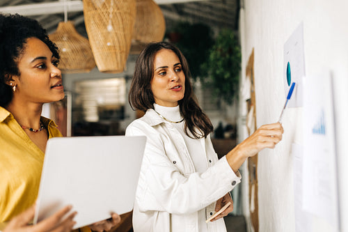 Teamwork and collaboration in a female business: Women discussing a report in an office