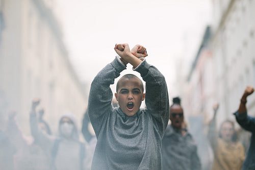 Angry woman protesting at a strike