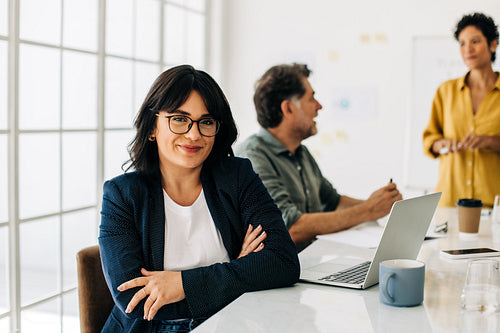 Professional woman sitting in a boardroom with her colleagues