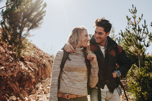 Couple in love on a mountain hike