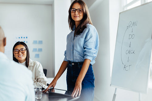 Female team leader giving a presentation in an office