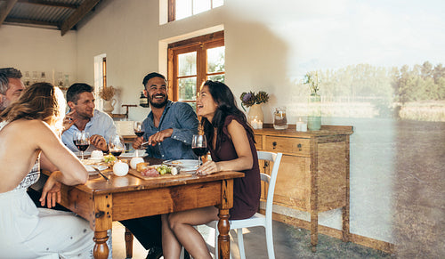 Group of people having dinner party at home