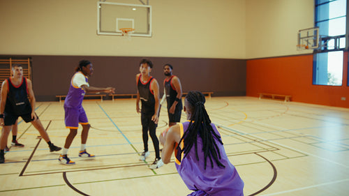 Basketball players celebrate a successful shot