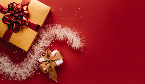 Flat lay of christmas gifts and decorations