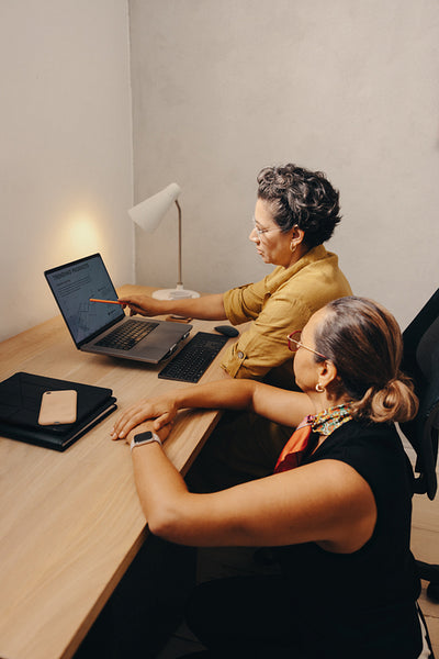 Mature professional females discussing a project while reviewing data on a laptop