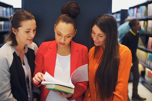 Female student reading a book in a library