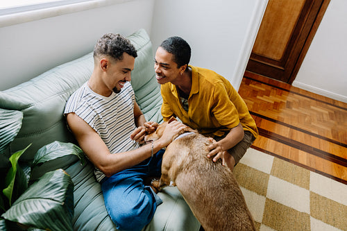Happy couple interacting with their dog in a cozy living room