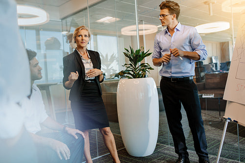 Businesswoman discussing with colleagues during presentation