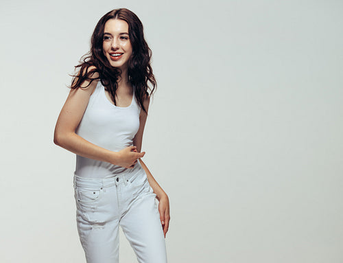 Woman in white fashionable clothes