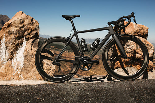 Pro road bike parked on mountain road