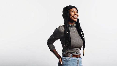Smiling african female with long dreadlocks