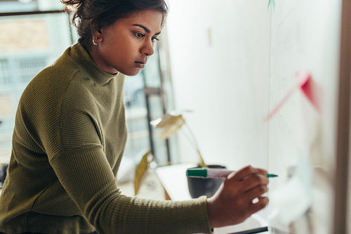 Female writing on office whiteboard during presentation