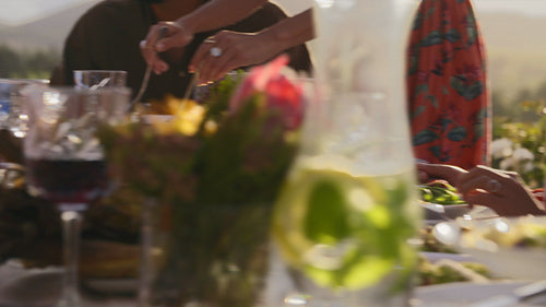 Friends enjoying a dinner party out in the yard