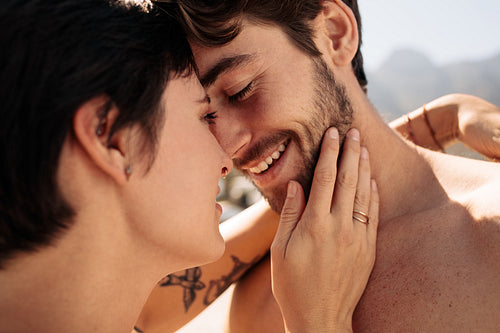 Tourist couple in romantic mood outdoors on a holiday