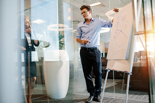 Mature businessman giving a presentation on a flipchart to colleagues