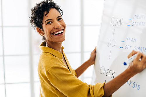 Happy business woman doing a presentation in an office