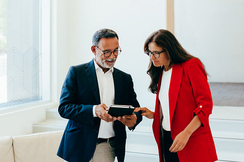 Senior professionals discussing business information during a meeting
