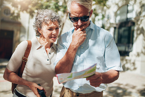 Middle aged couple looking at city map