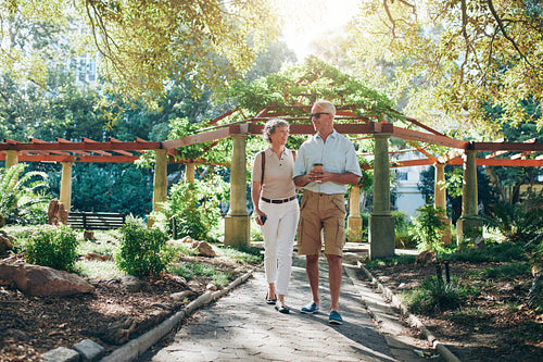 Happy senior couple walking together in a city park