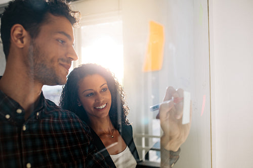 Business colleagues discussing ideas on glass board in office