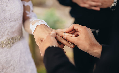 Couple exchanging wedding rings