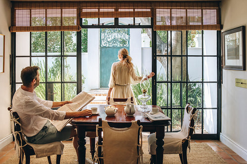 Couple enjoying a lovely morning in a hotel