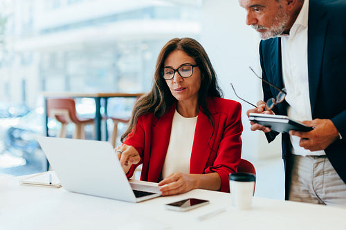 Senior professionals discussing business strategy at a laptop in a bright office