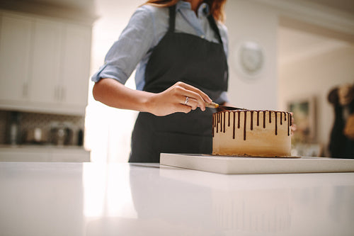 Woman applying frosting to cake