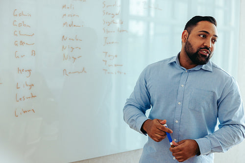 Indian businessman giving a presentation in a modern office setting while writing on a whiteboard