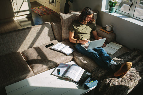 Student sitting at home and studying using laptop and books