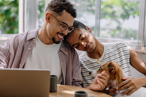 Young couple enjoying time together with their dog in a sunny kitchen