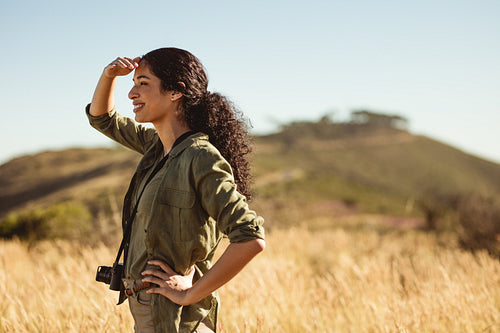 Portrait of a tourist woman outdoors