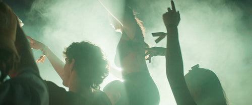 Woman dancing on friends shoulders at music festival