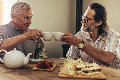 Senior men enjoying tea and snacks together at home