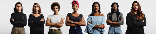 Panoramic shot of confident multiethnic women