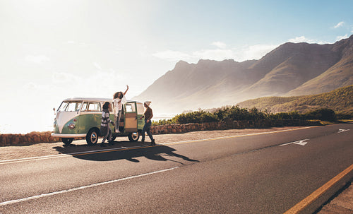 Female friends enjoying on a road trip