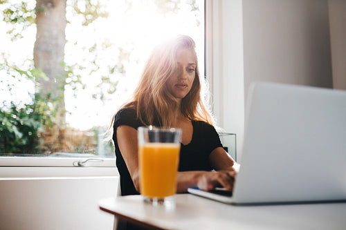 Female working on laptop in kitchen