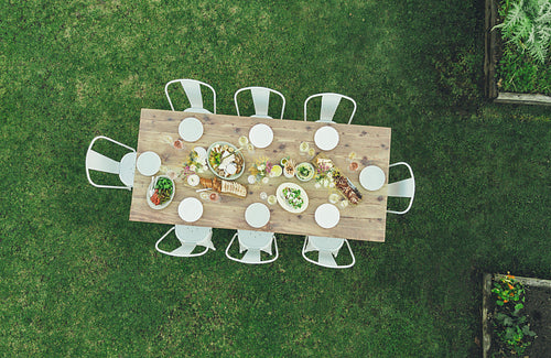 Aerial view of garden restaurant table