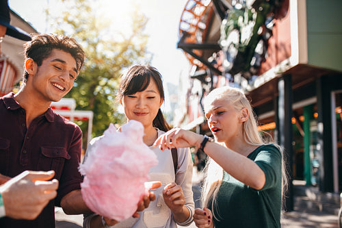 Group of friends eating cotton candy in amusement park