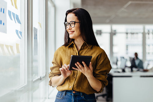 Business woman using a tablet while standing in an office