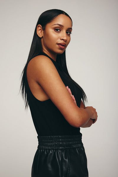 Woman looking at the camera in a studio