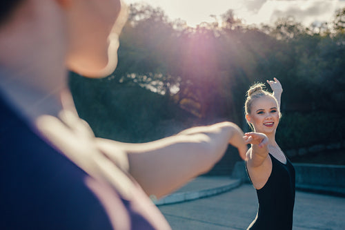 Close up of female ballet dancers practicing duet dance