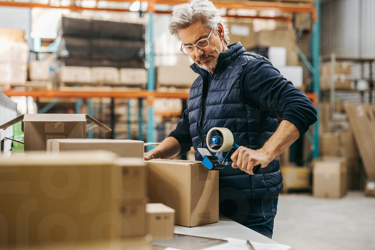 Senior man taping cardboard boxes in a warehouse – Jacob Lund ...