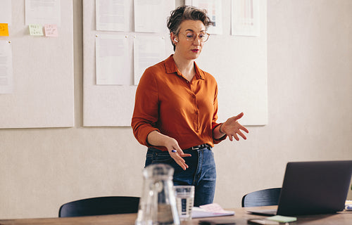 Businesswoman pitching her idea during a video conference