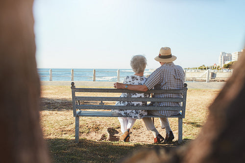 Loving senior couple relaxing on a bench at the seaside