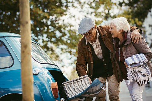 Cheerful old couple out on a picnic
