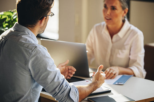Male job candidate giving interview